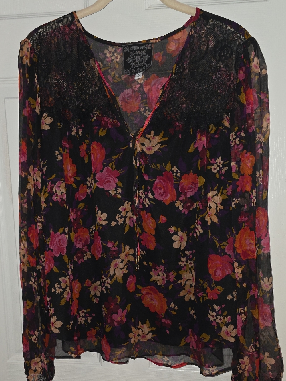 JOHNNY WAS Floral Lace Yoke Sheer Blouse - Black with Pink & Orange Roses